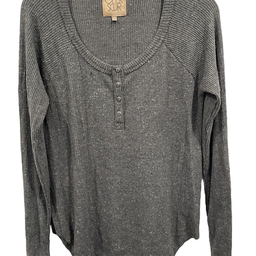 Chaser Women's Long Sleeve‎ Waffle Knit Henley Shirt Gray Size M Casual Fall Top